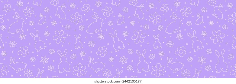 Design of Easter background. Seamless pattern with bunnies and flowers. Panoramic header. Vector illustration