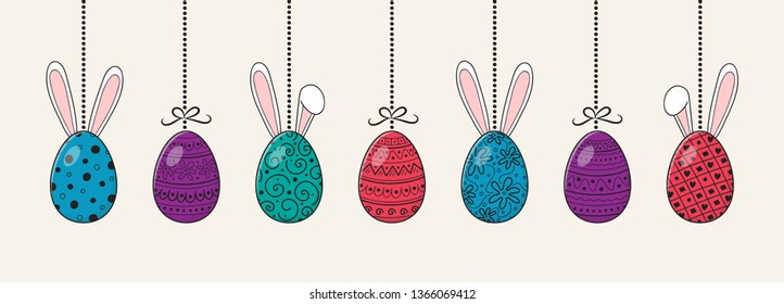 Design of Easter banner with hand drawn eggs and bunnies. Vector