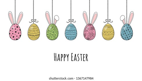 Design of Easter banner with hand drawn eggs and bunnies. Vector