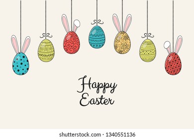 Design of an Easter decoration with decorative eggs with bunny ears and greetings. Vector