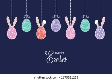 Design of an Easter decoration with decorative eggs with bunny ears and greetings. Vector