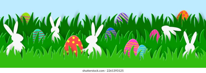 Design with Easter eggs and bunnies hidden in the grass. Holiday banner with paper cut decorations. Vector illustration