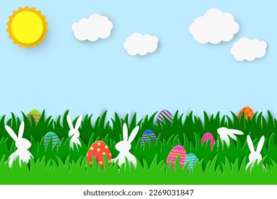 Design with Easter eggs and bunnies hidden in the grass. Holiday background with paper cut decorations. Vector illustration