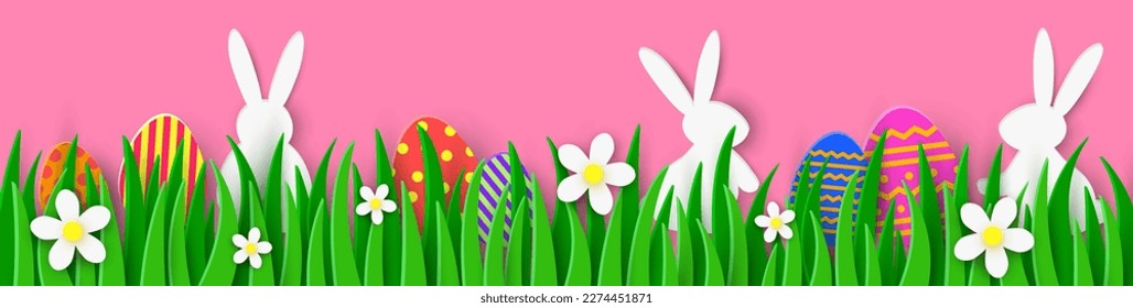 Design with Easter eggs and bunnies hidden in the grass. Holiday banner with paper cut decorations. Vector illustration