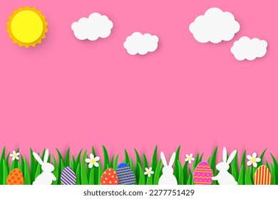 Design with Easter eggs and bunnies hidden in the grass. Holiday background with paper cut decorations. Vector illustration
