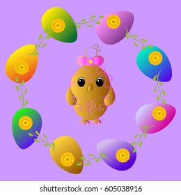 Design for Easter: eggs, chicken. For a signboard, postcard, congratulation .