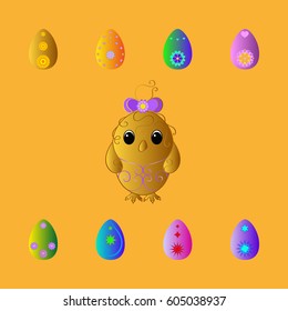 Design for Easter: eggs, chicken. For a signboard, postcard, congratulation 