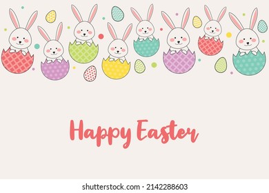 Design of an Easter greeting card with rabbits and decorative eggs. Vector