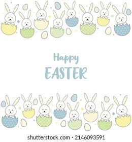 Design of an Easter greeting card with rabbits and decorative eggs. Vector