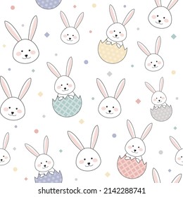 Design of an Easter pattern with smiley bunnies and eggs. Vector