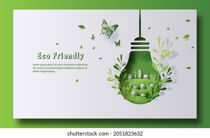Design for an eco friendly banner, a light bulb shape with city and garden, save the planet and energy concept, paper illustration, and 3d paper. - Shutterstock ID 2051823632