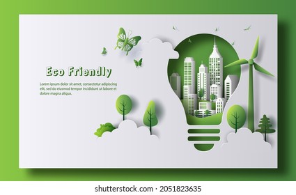 Design for an eco friendly banner, a light bulb shape with city and garden, save the planet and energy concept, paper illustration, and 3d paper. - Shutterstock ID 2051823635
