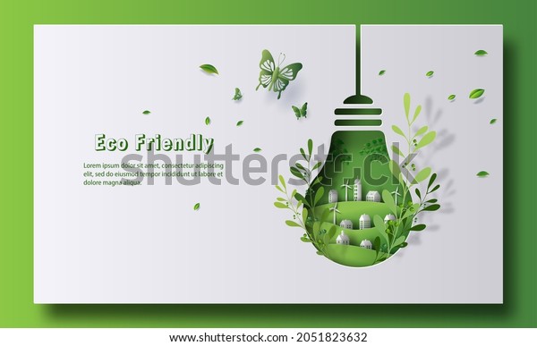 Design for an eco friendly banner, a light bulb\
shape with city and garden, save the planet and energy concept,\
paper illustration, and 3d\
paper.