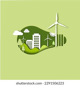 Design for an eco friendly , a light bulb shape with city and garden, save the planet and energy concept, paper illustration, and 3d paper