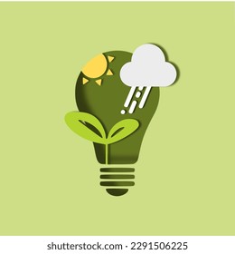 Design for an eco friendly , a light bulb shape with city and garden, save the planet and energy concept, paper illustration, and 3d paper