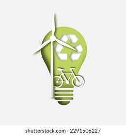 Design for an eco friendly , a light bulb shape with city and garden, save the planet and energy concept, paper illustration, and 3d paper