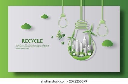 Design for an eco friendly and recycle banner, a light bulb shape with city and garden, save the planet and energy concept, paper illustration, and 3d paper.