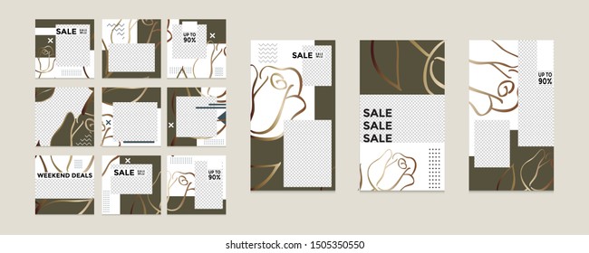 Design of editable social network post templates. for marketing on social media. frames, stories in puzzles, backgrounds, banners, vector illustration elements
