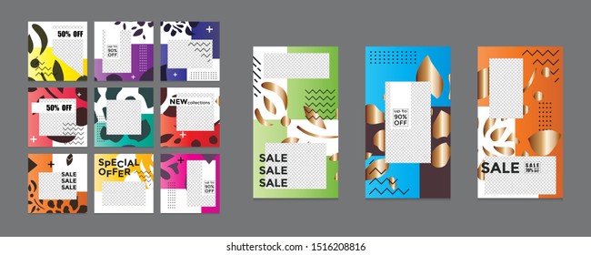 Design of editable social network post templates. for marketing on social media. frames, stories in puzzles, backgrounds, banners, vector illustration elements