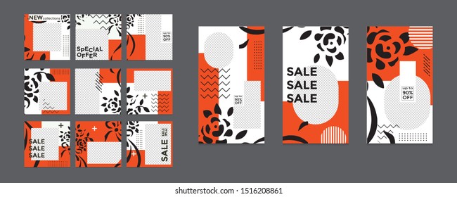 Design of editable social network post templates. for marketing on social media. frames, stories in puzzles, backgrounds, banners, vector illustration elements