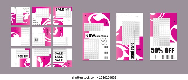 Design of editable social network post templates. for marketing on social media. frames, stories in puzzles, backgrounds, banners, vector illustration elements