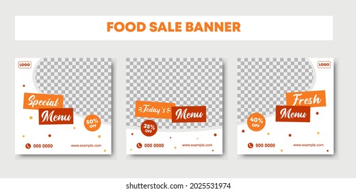 Diseño de un puesto editable en la red social para la promoción de alimentos. Conjunto de plantillas de diseño de rompecabezas abstractas para marketing en medios sociales, banners. Ilustración vectorial de color naranja y blanco