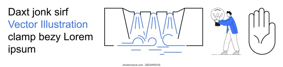 Design, education, innovation, analysis, creativity, engineering. Abstract waterfall graphic, hand outline and character holding lightbulb. Innovation and creativity concept