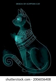 design of egyptian cat on black background with blue lighting smoke