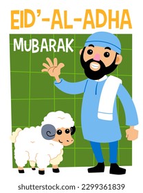 diseño para eid adha mubarak con una tierna ilustración de ovejas y hombres