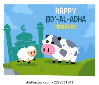 Design für eid-adha-Mubarak mit süßem Cartoon-Schaf und Kuhgrafik