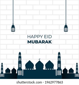 design of eid mubarak celebration with mosque and lantern illustration, flat illustration, brick wall backgrounds