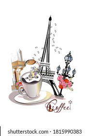 Design with the Eiffel tower, a cup of coffee and a café entrance. Lantern decorated with flowers. Hand drawn vector illustration.