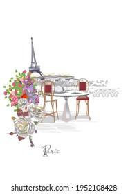 Design with the Eiffel tower, a cup of coffee and a café entrance. Lantern decorated with flowers. Hand drawn vector illustration.