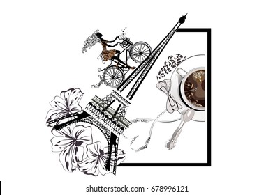 Design with the Eiffel tower, a cup of coffee and a girl riding the bicycle.