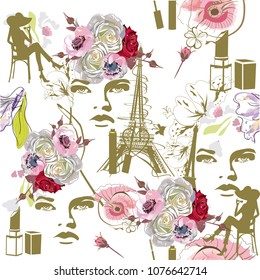 Design with the Eiffel tower and girls, flowers. Hand drawn illustration.