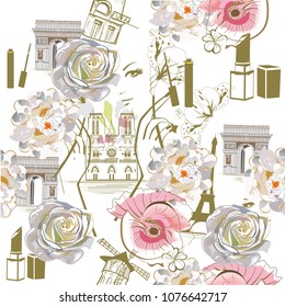 Design with the Eiffel tower and girls, flowers. Hand drawn illustration.