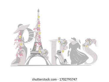 Design with the Eiffel tower and girls, flowers, Paris lettering. Hand drawn vector illustration.