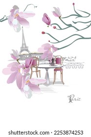 Design with the Eiffel tower, spring flowers and a café table with a cup of coffee. Series of spring greeting backgrounds. Hand drawn vector illustration.
