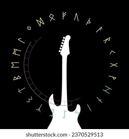 Design for electric guitar t-shirt with runic alphabet. Vector illustration with eighties style.