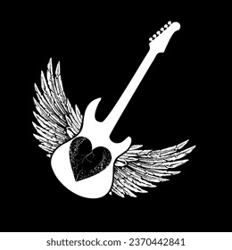 Design for an electric guitar t-shirt with wings and a heart isolated on black. Glam rock poster