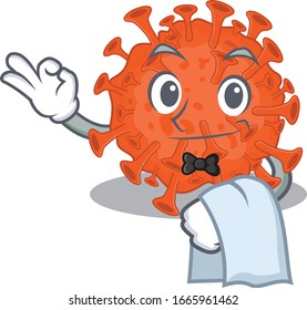 A design of electron microscopy coronavirus cartoon character working as waiter
