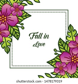 Design elegant of card fall in love, with perfect purple wreath frame. Vector
