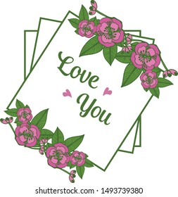 Design elegant of card love you, with green leafy floral frames blooms. Vector