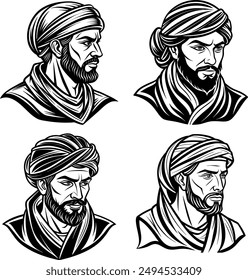 Design an elegant and culturally rich silhouette vector graphic of a man wearing a head wrap. The design should capture the dignity and distinctiveness of the head wrap.