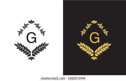 Design elegant floral monogram design template in one or two letters. Calligraphic ornament with letter G. Business sign, monogram identical to restaurant, boutique, hotel, emblem, jewelry.