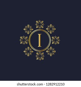 Design of an elegant monogram for the letter I. Classic round golden ornament on a dark background. Business sign, monogram for restaurant, boutique, hotel, heraldry, jewelry. Vector illustration