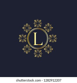 Design of an elegant monogram for the letter L. Classic round golden ornament on a dark background. Business sign, monogram for restaurant, boutique, hotel, heraldry, jewelry. Vector illustration