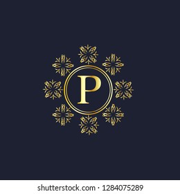 Design of an elegant monogram for the letter P. Classic round golden ornament on a dark background. Business sign, monogram for restaurant, boutique, hotel, heraldry, jewelry. Vector illustration