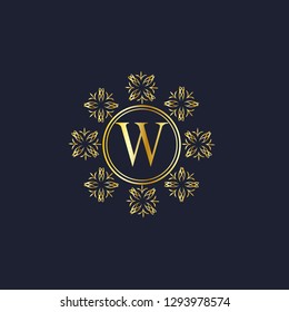 Design of an elegant monogram for the letter W. Decorative round golden ornament on a dark background. Business sign, monogram for restaurant, boutique, hotel, heraldry, jewelry. Vector illustration