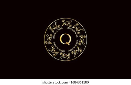 Design of elegant program with letter Q. Exquisite, ornamental calligraphic logo of business sign, restaurant, royalty, boutique, cafe, hotel.